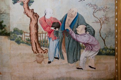 Kiinan arjen kohtauksia, kiinalaisen tapetin yksityiskohta, kiinalainen kaappi, metsästysasunto, kirjoittanut Filippo Juvarra (1678-1736), Stupinigi, Piemonte, Italia tekijältä Unknown artist