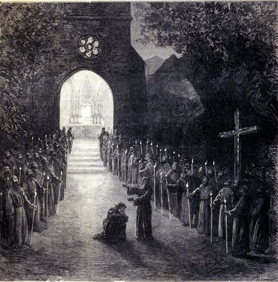 Lavastus II näytöksen viimeiseen kohtaukseen italialaisen säveltäjän Giuseppe Verdin (1813-1901) oopperaan "La forza del destino" (Kohtalon voima) esitykseen Pariisin oopperassa tekijältä Unknown artist