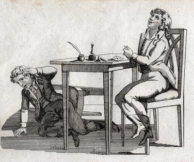 Koululaisilla on pöytä mustepinnalla. Kaiverrus 1700-luvun lopulla. Yksityinen kokoelma. tekijältä Unknown artist