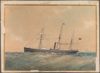 Satsuman lipun alla purjehtiva ruuvihöyrylaiva, luultavasti "Lotus", 1800-luvun alku (vesiväri). tekijältä Unknown artist