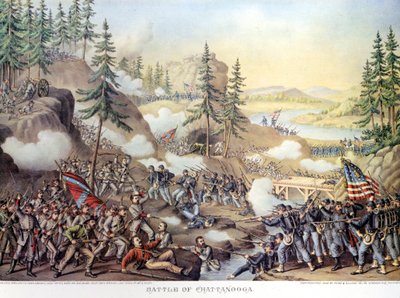 Secession War (1861 - 1865) tai American Civil Giuerre: 24.-25.11.1863: kahden päivän taistelun jälkeen Chattanoogassa Tennesseen osavaltiossa, kenraali Rosecransin komentaman pohjoisen armeijan voitto. Kaiverrus. tekijältä Unknown artist