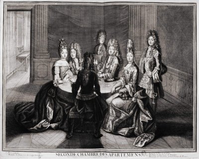 Huoneistojen toinen huone (Versailles): 1. Monsignor, 2. Madame Princess of Conty Dowager, 3. Monsieur le Duke de Bourbon, 4. Rouva Bourbonin herttuatar, 5. Monsieur de Vandôme, Ranskan suurpriori. Kaiverrus Trouvainista, 1700-luvun alku tekijältä Unknown artist