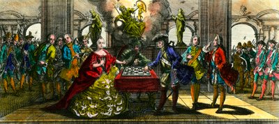 Seitsemänvuotinen sota: Itävallan Marie Theresen (1717-1780) ja Preussin Fredericin (1712-1786) shakkipeliä edustava allegoria. Kaiverrus 1700-luvun yksityiskokoelmasta tekijältä Unknown artist