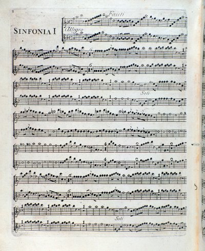 Nuotit huilulle ensimmäisessä sinfoniassa Sei sinfonie a piu strumenti op. 5, kirjoittanut Francois Joseph Gossec tekijältä Unknown artist