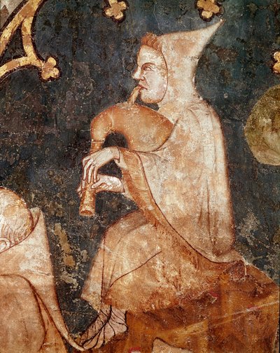 Paimen puhaltaa säkkipillissä Yksityiskohta. 1300-luvun fresko. Navarran Olite-museosta (Navarra), Pamplona tekijältä Unknown artist