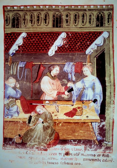 Kauppa ja ompelupaja. Valaistus lääketieteen ja dietetiikan lypsystä "" Tacuinum sanitatis"" tekijältä Unknown artist