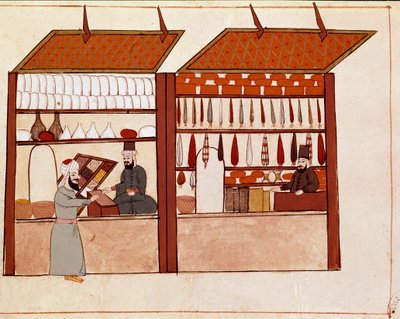 Kaupat Konstantinopolin kaduilla. Pienoiskuva 1800-luvun Cicogna-käsikirjoituksesta (1828) 1600-luvun alkuperäisen (1671) jälkeen. Venetsia, Biblioteca Marciana tekijältä Unknown artist