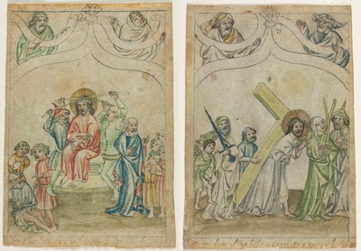Yksittäinen lehti "Biblia Pauperumista": orjantappuroilla kruunattu Kristus (recto) Kristus kantaa ristiä (verso) tekijältä Unknown artist