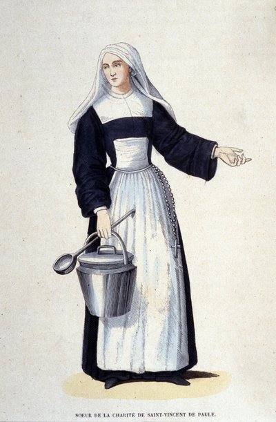 Saint Vincent de Paulin hyväntekeväisyysjärjestön sisar. Kaiverrus albumista uskonnollisista määräyksistä, Pariisi tekijältä Unknown artist