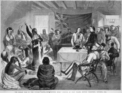 Sitting Bull ja Buffalo Bill: Sitting Bull Council Fort Walshissa, Brittiläisellä alueella, sodan aikana intiaanien kanssa, lokakuu 1877 tekijältä Unknown artist
