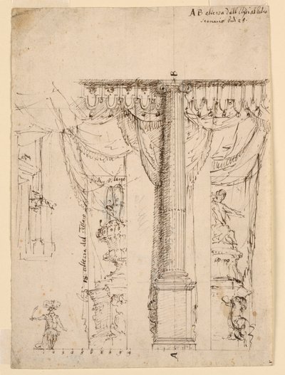 Luonnos kolmelle sivusiivelle, joissa on osa Proscenium-kehystä tekijältä Unknown artist