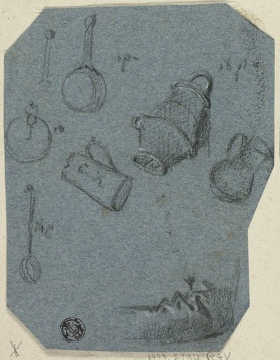 Luonnoksia keittiövälineistä, taivutettu käsi (etusivu); historiallinen kohtaus (kääntöpuoli). tekijältä Unknown artist