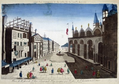 Pyhän Markuksen kirkon aukio ja Suuren aukion päättämä Pyhän Geminianin kirkko Venetsiassa. Kaiverrus 1700-luvulta. tekijältä Unknown artist