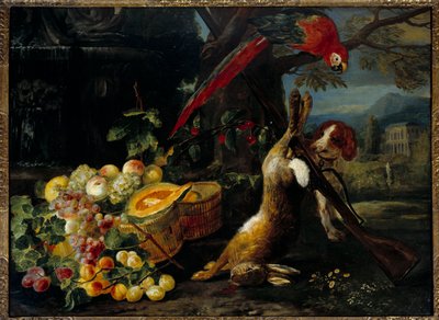Riistan asetelma, papukaija ja hedelmä Anonyymi maalaus 1700-luvun Pariisista, Koristetaiteet tekijältä Unknown artist