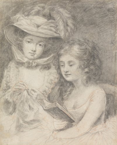 Estudo de uma mulher costurando e uma garota lendofinnish tekijältä Unknown artist