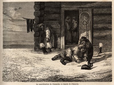 Sunnuntaipyhityksessä on kuminaviinaa, Dorpat-työläiset. Henrietin piirros havainnollistamaan hänen matkaansa Venäjän Baltian maakuntiin vuosina 1851-54. Kaiverrus kirjassa "" Le tour du monde", toimittanut Edouard Charton tekijältä Unknown artist