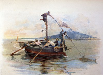 Miekkakalan harppuunakalastus Messinan Detroitissa Sisiliassa. Akvarelli 1898 tekijältä Unknown artist
