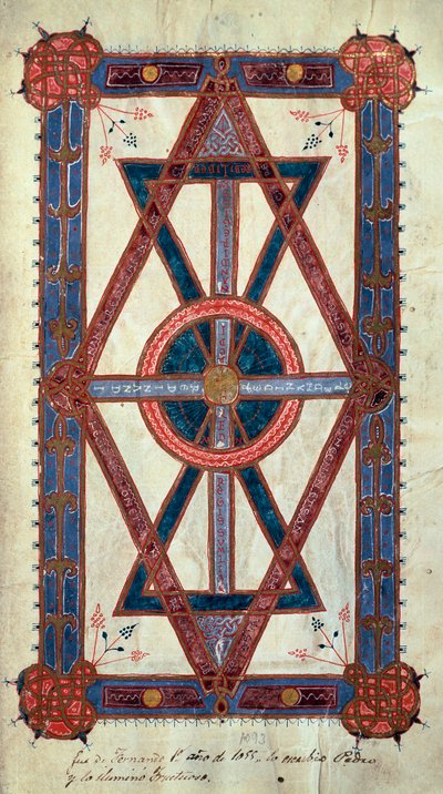 Symbolinen esitys Kristuksesta: "" Ego sum Alpha et Omega, primus et novissimus"" Sivu otettu "" Ferdinand I:n (Fernando I Leonin ja Kastilian) tuntikirjasta. tekijältä Unknown artist