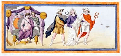 Talthybios ja Eurybates vievät neitsyt Briseisin ennen Akhilleusta, joka seisoo Myrmidonien teltassa. Ilias Chant I, v 345. Kaiverrus 1700-luvun lopulta. tekijältä Unknown artist