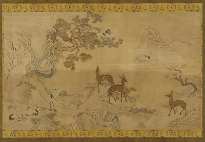 Kuvakudos: maisema peuroja, haikaroita, mäntyjä ja persikkapuuta tekijältä Unknown artist