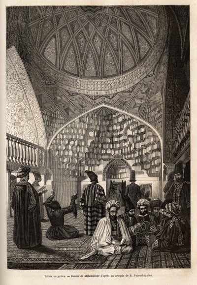 Tataarit rukouksessa Schushan moskeijassa (Transkaukasia, Venäjä). Kaiverrus havainnollistamaan matkaa Kaukasuksen maakunnissa, Basile Vereschaguine, 1864-1865, julkaistu "" le tour du monde" -lehdessä, D
