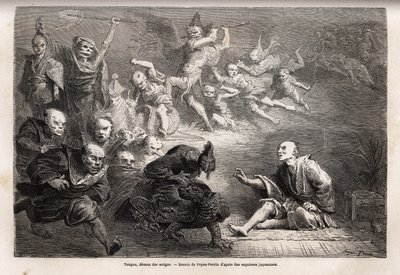 Tengu tai unelmien demoni, japanilaisen kansanperinteen pieni jumala, zoomorfi, hän ottaa korpin muodon, jolla on maagisia voimia, se on suosittu taiteen, teatterin ja kirjallisuuden aihe Japanissa. Kaiverrus havainnollistamaan matkaa Japaniin vuosina 1863 tekijältä Unknown artist