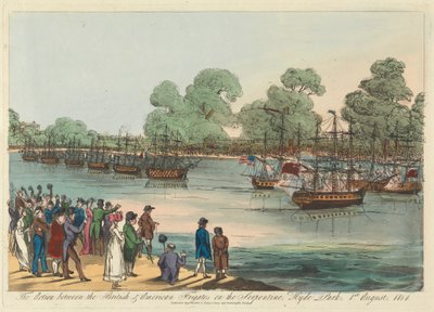 Toiminta brittiläisten ja amerikkalaisten fregattien välillä serpentiinillä, Hyde Park 1. elokuuta 1814 tekijältä Unknown artist