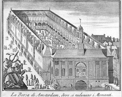 Amsterdamin pörssi, jossa kauppiaat kokoontuvat. 1700-luvun kaiverrus. tekijältä Unknown artist