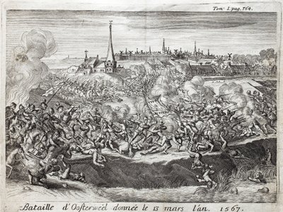 Oosterweelin taistelu (Alankomaat, Alankomaat), pidettiin 13. maaliskuuta 1567, kahdeksankymmenen (80) vuoden sodan (1567-1648) ensimmäinen yhteenotto. Kaiverrus "Flanderin sodan historiaa", kirjoittanut Flamianus Strada, painos Joseph T