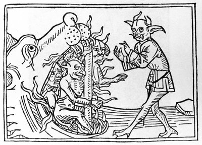 Belial-prosessi: "Belial-demoni palaa alamaailman sisäänkäyntiin"" Kaiverrus Jacobus de Teramon (tai Palladinon) teoksesta "The Belial Process", Ausburg tekijältä Unknown artist