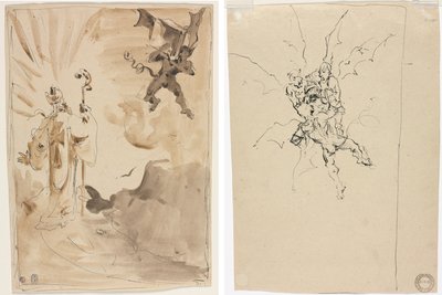 Piispa ja demoni (recto); Kolme demonia pitelemässä ritaria (käänteinen) tekijältä Unknown artist