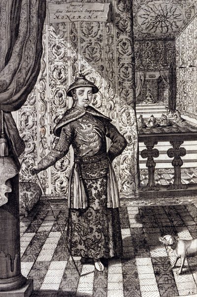 Kiinan keisari ja tataarien korkein hallitsija - Kiinan keisari Kangxi (1652-1722) Qing-dynastia, Athanasius Kircherin (1601-1680) kaiverrus "" China Monumentis, qua sacris qua profanis"" 1667 - Kiinan keisari165 K2angxi -1722) Qing-dynastia, tekijältä Unknown artist
