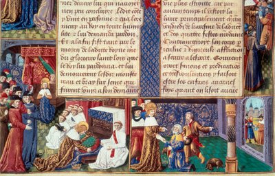 Kuningas Ludvig IX:n (1214-1270) (Pyhä Ludvig) kristilliset hyveet (kuten hurskaus ja omistautuminen): vasemmalla kuningas syleilee krusifiksia, oikealla hän vastaanottaa Vanhan vuoren. Miniatyyri käsikirjoituksesta "Tosiasioiden kirja Monsignor Saint Loui tekijältä Unknown artist