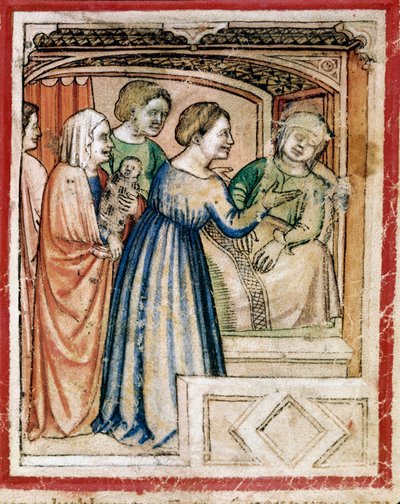 Raakelin kuolema kerroksittain pienoiskoossa Codex 212:sta (tai Padovanon koodista tai Padovan Raamatusta) 1390-1400 Rovigo, Accademia dei Concordi tekijältä Unknown artist