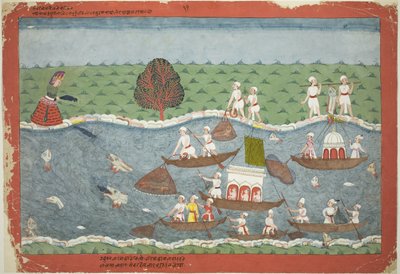 Sambar-demoni heittää pikkulapsen Pradyumnan jokeen, sivu hajanaisesta Bhagavata Puranan käsikirjoituksesta. tekijältä Unknown artist