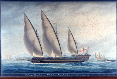 Genovan keittiöt Raggia ja San Giorgio jahtaavat algerialaista chebec Uccelloa. 11. elokuuta 1788. Maali tekijältä Unknown artist