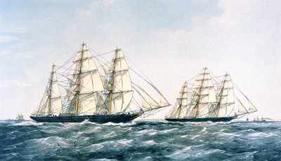 Great Clipper Ship Race 1866 Arielin ja Taepingin välillä tuoden uuden teesadon Kiinasta Lontooseen (värilitho) tekijältä Unknown artist