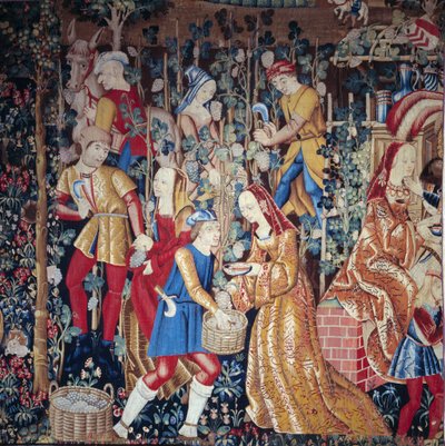 Sadonkorjuun talonpojat puristavat viinirypäleitä. Yksityiskohta. Villa- ja silkkikudos. 1500-luvun alku. Pariisi, Keskiajan kansallismuseo, Thermes de Cluny tekijältä Unknown artist