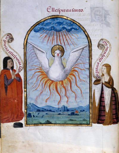 Pyhän Hengen käsikirjoitussivu, joka on otettu Pedro Marcuellon "" Espanjan kuningatar Joan Follen (1479-1555) omistautumisen kokoelmasta" ("Kuningatar Da Juanan hartaus, jota he kutsuivat hulluksi naiseksi") 1400-luvun su . ... 0,21 x 0,14 m Chantilly, Mu tekijältä Unknown artist