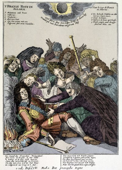 Kuningas pyörtyi ja hovimiehet piirittivät hänet, surivat: pilkkaa Louis XIV:n käänteissä Alankomaissa ja Italiassa vuonna 1706 tekijältä Unknown artist
