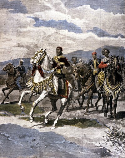 Etiopian kuningas Menelik II (1844-1913). Ill. Italian lehdistöstä. tekijältä Unknown artist