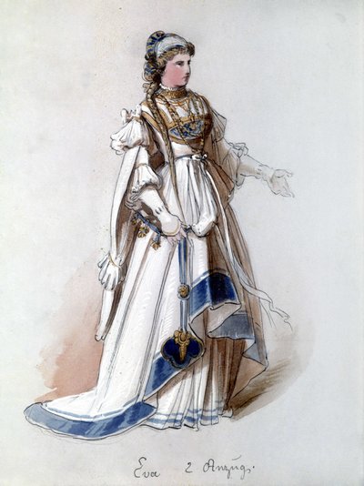 Nürnbergin mestarilaulajat (Die Meistersinger von Nürnberg), Richard Wagnerin luoma ooppera: Evan puku ensiesitykseen. Wagner-museo Bayreuth. tekijältä Unknown artist