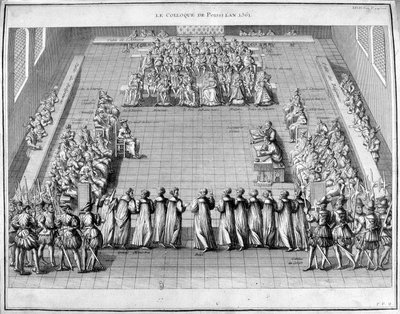 Poissi-kollokviumi (Poissy) vuonna 1561. Keskellä kuningas Kaarle IX (1550-1574) ja kuningatar äiti Katariina de Medici (1519-1589). tekijältä Unknown artist