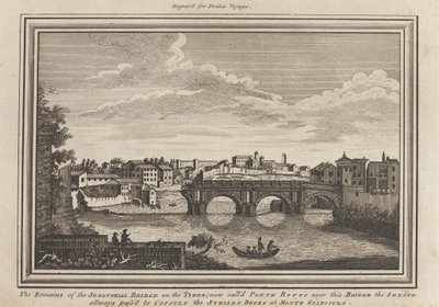 Senaattorisillan jäänteet Tyberillä; Nyt kutsutaan Ponte Rottoksi tämän sillan yli, senaatti meni kaikin tavoin neuvottelemaan Sybills Books -kirjasta Monte Gianiculossa tekijältä Unknown artist