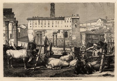 Roomalaisella foorumilla on rehuvuokraus, härät makaavat kärryjen ja muinaisten raunioiden keskellä. Engravure pour illustrrer le voyage à Rome, Francis Wey, 1864-1868, julkaistu "" Le tour du monde""" 1869, toimittanut Edouard Charton, painos Hachette, tekijältä Unknown artist