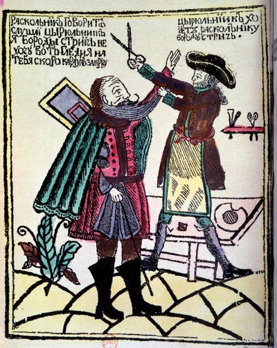 Venäjän tsaari Pietari I Suuri (1672-1725) julkaisi vuonna 1722 parran leikkaamisen edellyttävän uudistuksen. Kaiverrus 1700-luvun Pariisista, B.N. tekijältä Unknown artist