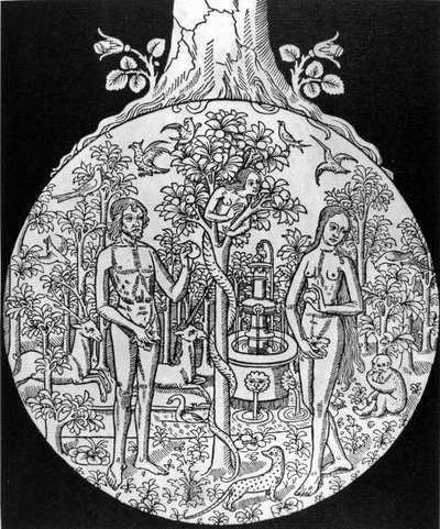 Tieteen puu (Aadam ja Eeva paratiisissa) - kaiverrus, deb. 1500-luvulla Jean Adhemarin teoksessa L
