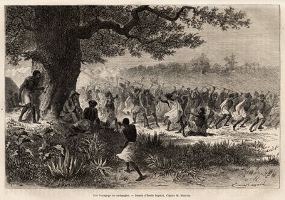 Vouagogo (Tansanian heimo) valmistautumassa sotaan, puun alla, tarinan kirjoittaja Henry Morton Stanley (1841-1904). Kaiverrus havainnollistamaan matkaa etsimään Livingstonea Keski-Afrikasta, kirjoittanut Henry Stanley, New-Y:n kirjeenvaihtaja tekijältä Unknown artist