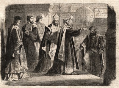 Milanon arkkipiispa Pyhä Ambrosius (Aurelius Ambrosius, Ambrogio di Milano (340-397) kielsi Rooman keisari Theodosius I:ltä (Flavius Theodosius) (347-395) pääsyn kirkkoon rangaistakseen häntä Thessalonikan verilöylystä vuonna 390 - Excommunicati tekijältä Unknown artist
