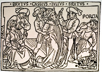 Jules Cesarin (100-44 eKr.) salamurha: Brutus ja Cassius puukottavat häntä, kun taas Brutuksen vaimo Porcie katoaa. Ksylografia 1500-luvun Roomasta, Biblioteca Vallicelliana ©Luisa Ricciarini/Leemage tekijältä Unknown artist